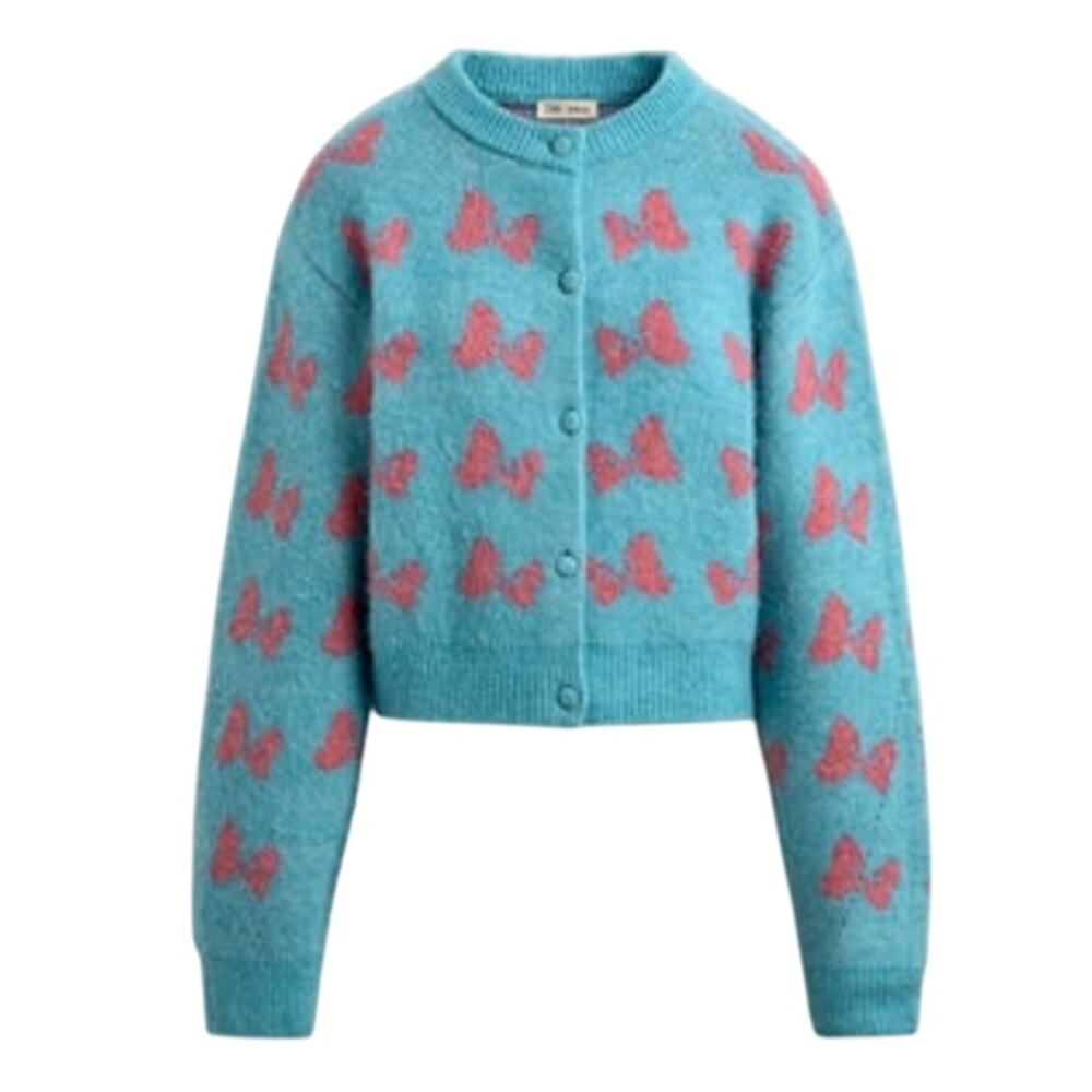 ZARA x Harry Lambert x Disney Intarsia Bow Blue & Pink Fuzzy Cardigan NWT XS